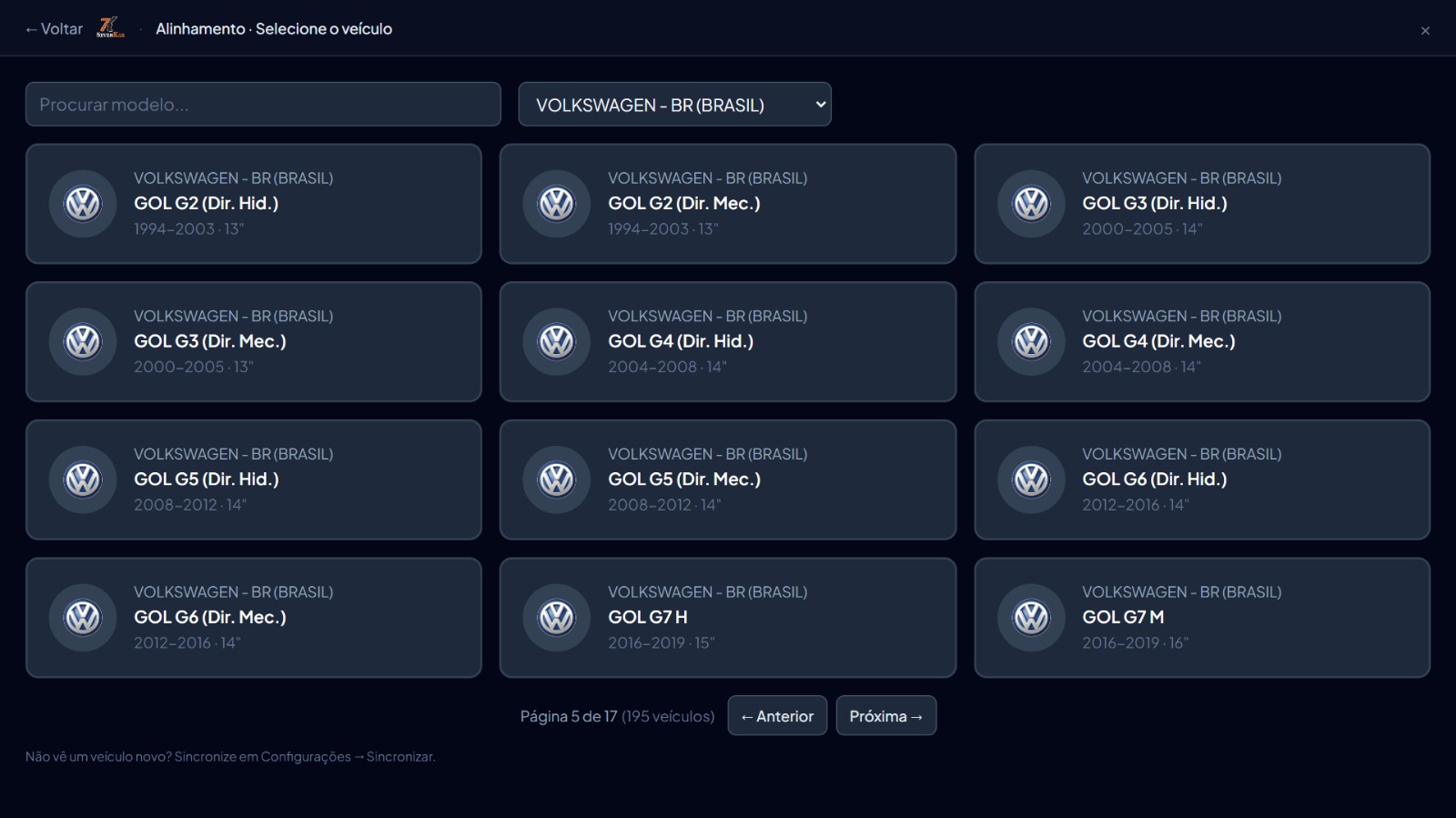 Software de Alinhamento - Banco de dados de veículos